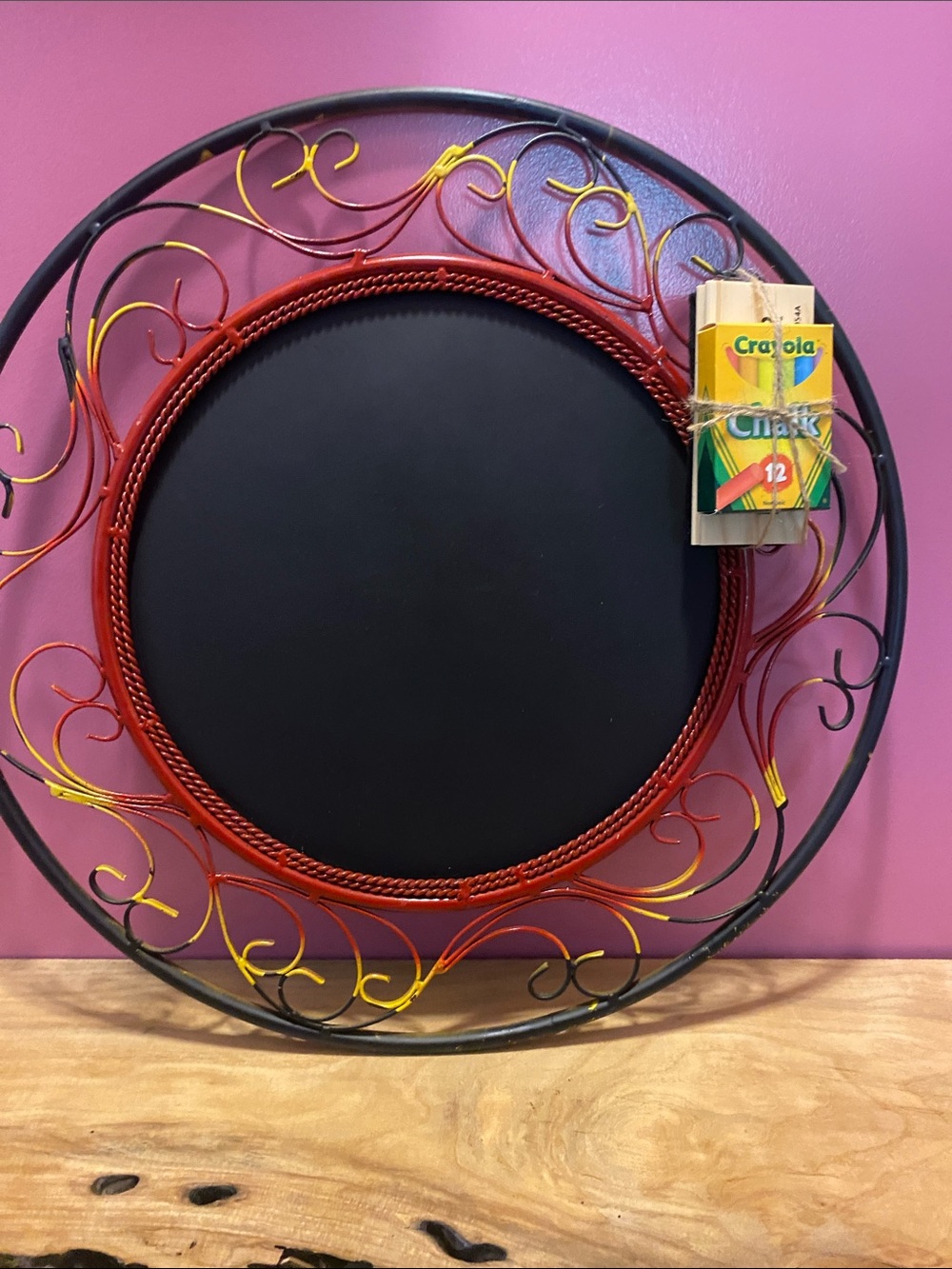 Decorative Black Chalkboard Wall Plaque with Red and Yellow Scroll Frame